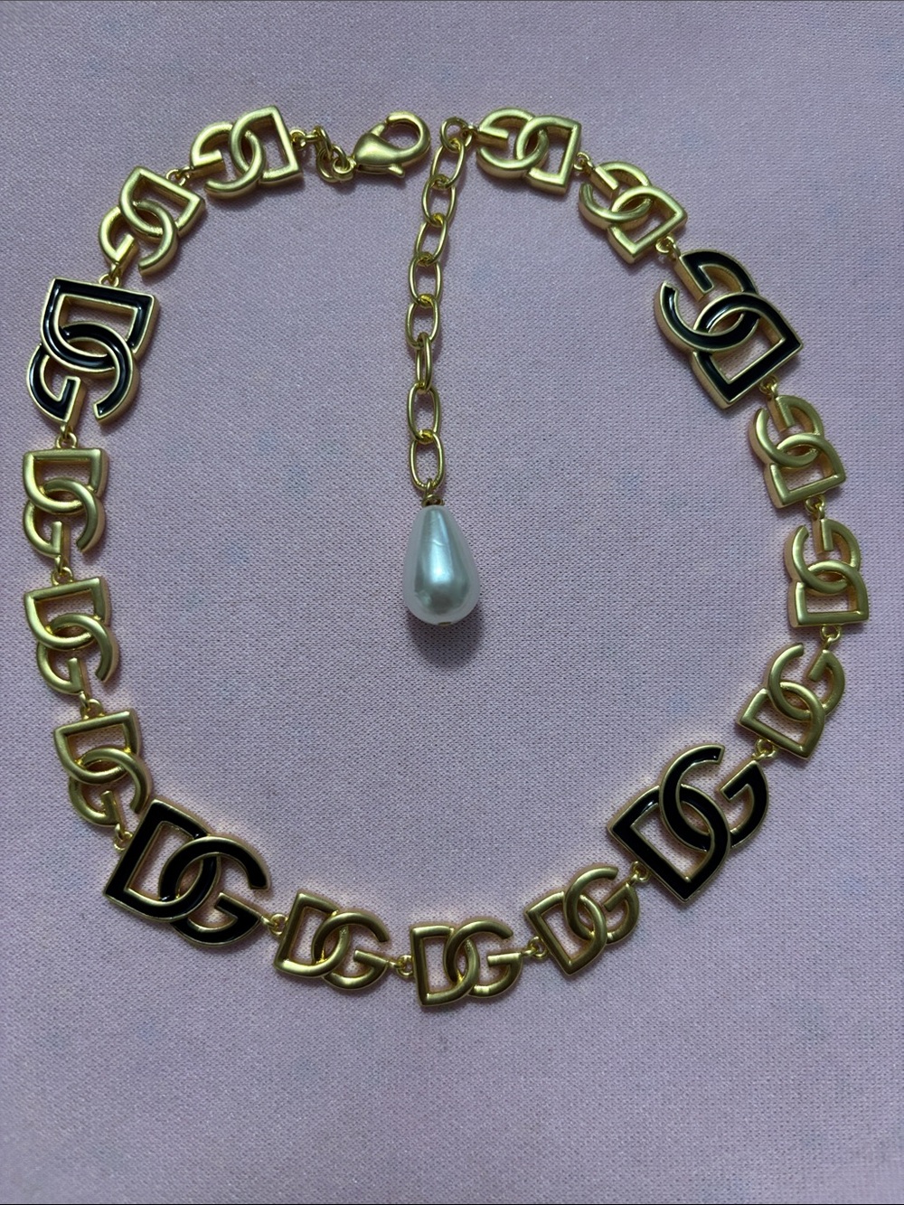 D&G Gold Link Necklace with Black Enamel Accents and Pearl Drop
